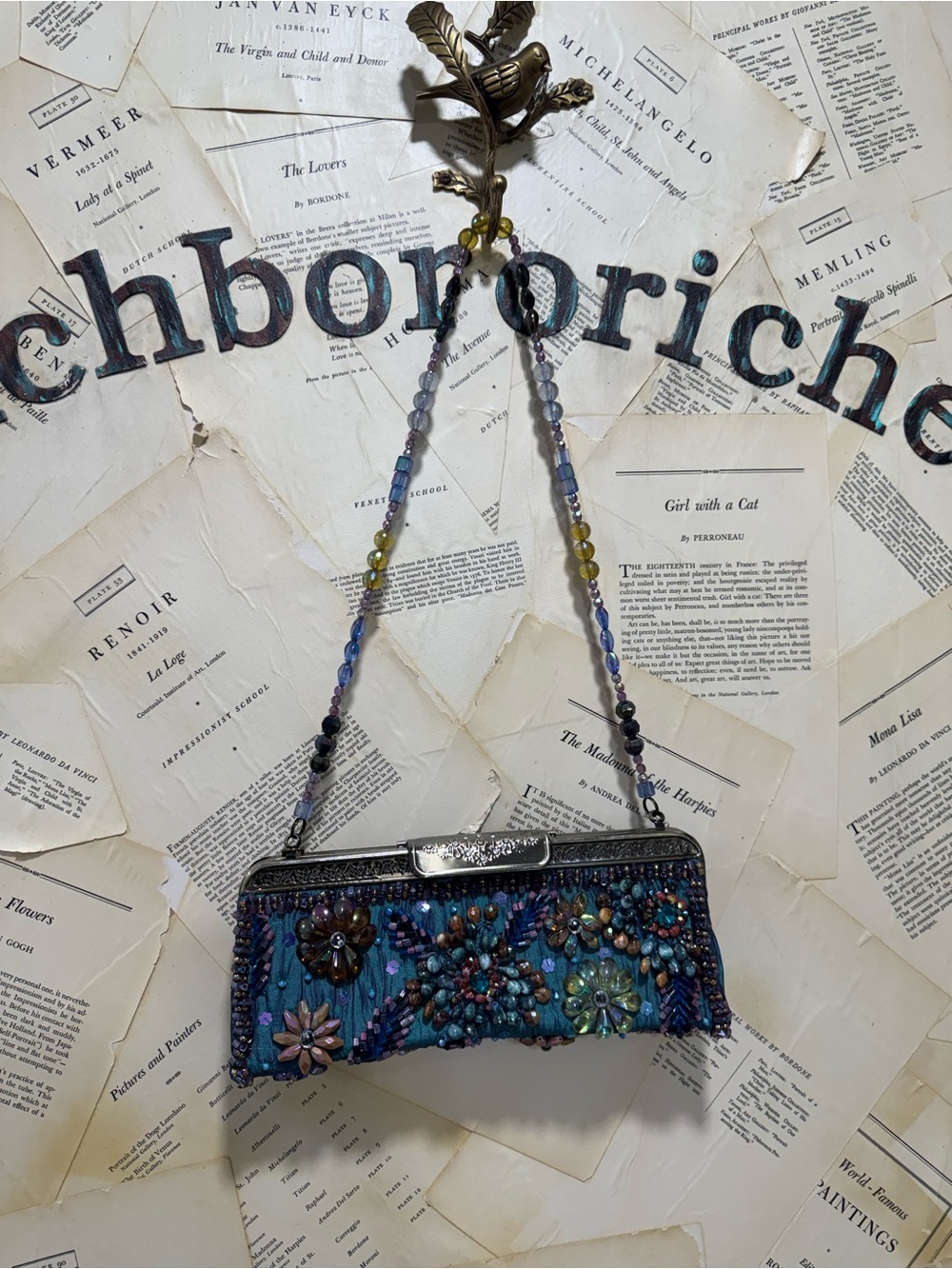 Vintage Mary Francis Evening Bag Beaded Strap Jewel Embellish Teal Y2K - Picture 6 of 8
